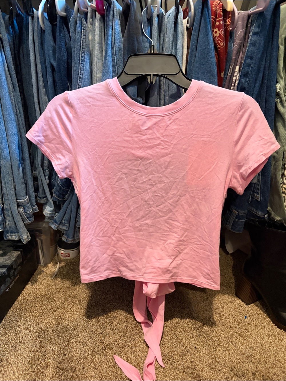 Cropped Tie-Back Short Sleeve Top in Light Pink